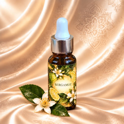 BERGAMOT olejový parfém – lahvička s bergamotem a květem na hedvábném pozadí