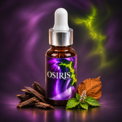 OSIRIS olejový parfém 10 ml – lahvička s oudovým dřevem, tabákem a pačuli na fialovém pozadí