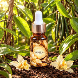 Vanilka – lisovaný olej 10 ml mezi vanilkovými listy, lusky a orchidejemi